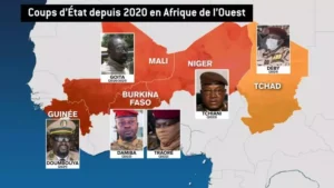 Carte des coups d'Etat survenus en Afrique de l'Ouest depuis 2020 illustrant les difficultés de la démocratisation.